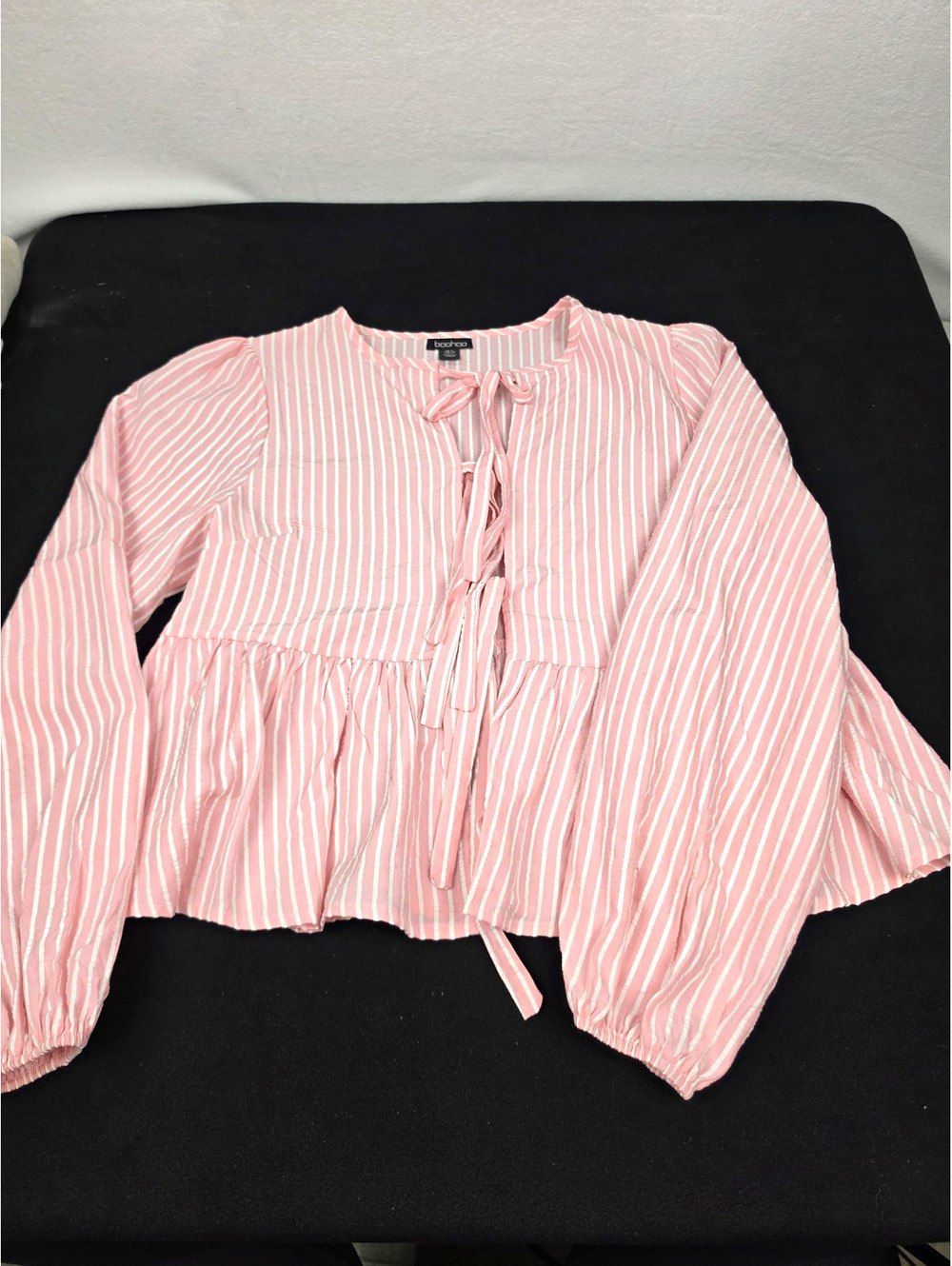 boohoo Womens Pink White Striped Woven Tie Front Long Sleeve Blouse Size 2